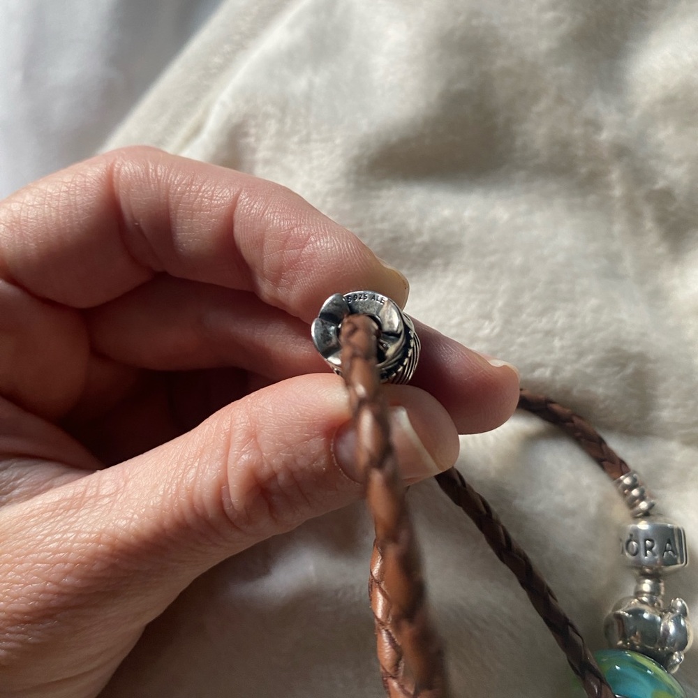 Pandora Brown Braided Leather Wrap Bracelet with Sterling Silver Charms - Picture 5 of 6